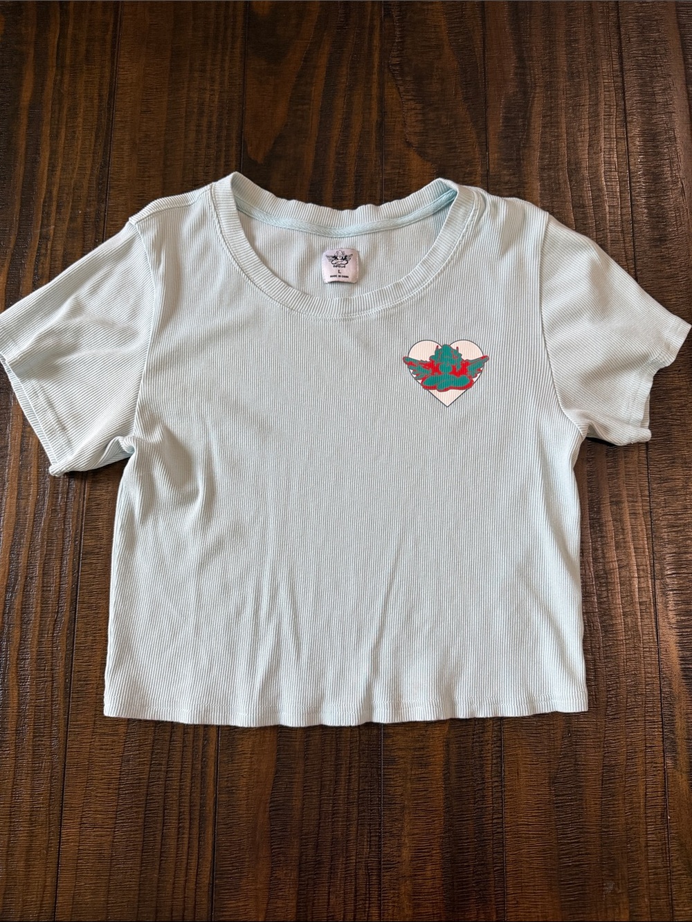 Boys Lie Light Blue Ribbed Heart Graphic Baby Tee Cropped